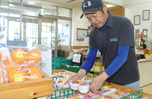 野菜、果物、魚の販売の様子